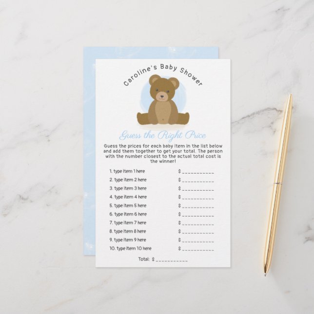 Cute Teddy Bear Guess Price Baby Boy Shower Game (Front/Back In Situ)