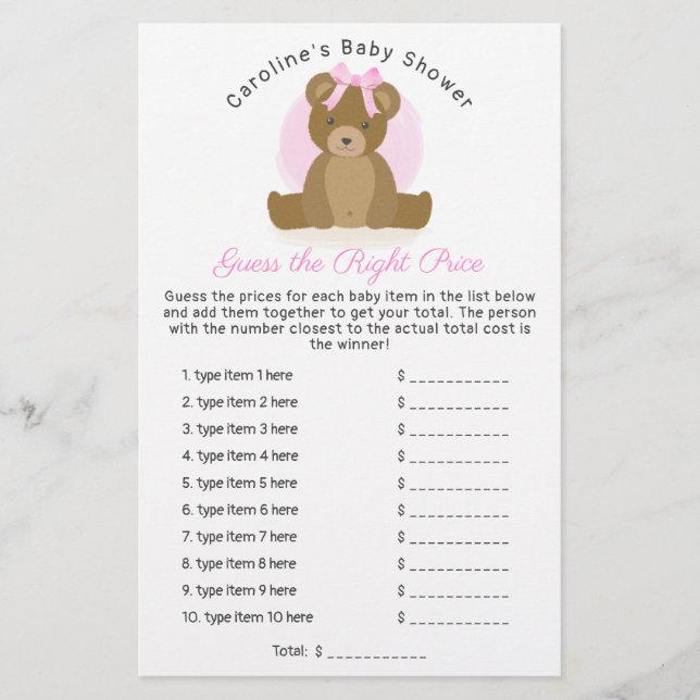 Cute Teddy Bear Guess Price Baby Girl Shower Game (Front)