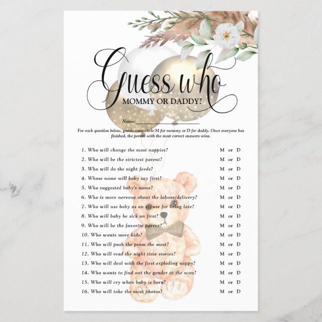 Cute Teddy Bear 'Guess Who' Baby Shower Game Flyer (Front)
