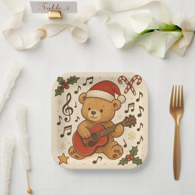 Cute Teddy Bear Guitar Christmas Paper Plate (Wedding)
