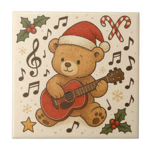 Cute Teddy Bear Guitar Christmas Tile