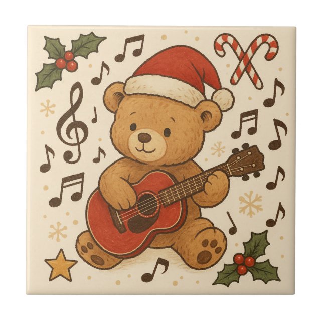 Cute Teddy Bear Guitar Christmas Tile (Front)