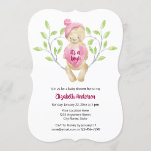 Cute Teddy Bear Heart Baby Shower Invitation