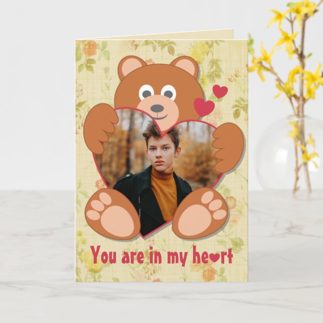 Cute Teddy Bear Heart Photo Valentine Love Card (Yellow Flower)