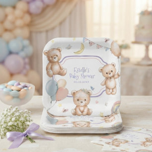 Cute Teddy Bear Hearts Moon Star Baby shower Paper Plate