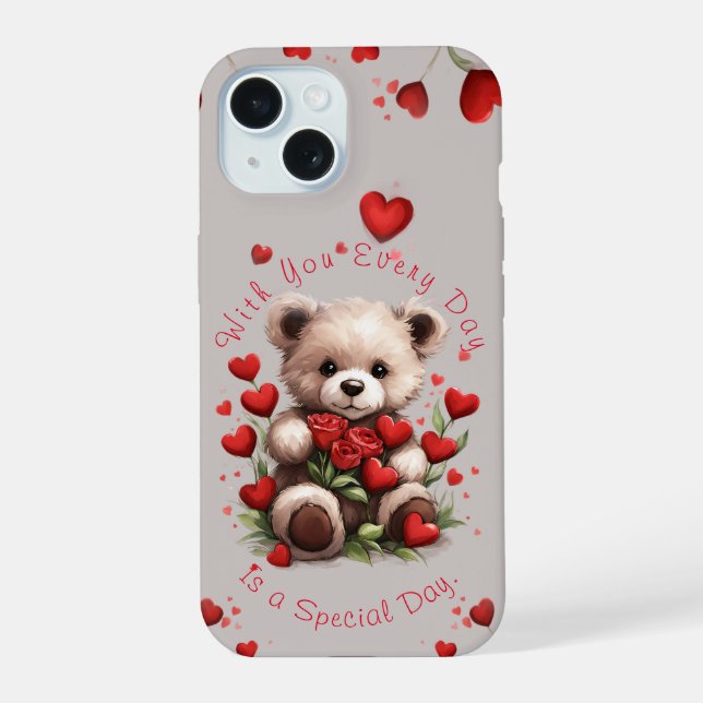 Cute Teddy Bear Hearts Red Roses Valentine's Day iPhone 15 Case (Back)