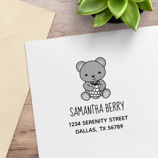 Cute Teddy Bear Holding a Berry Address Rubber Stamp (Creator Uploaded)