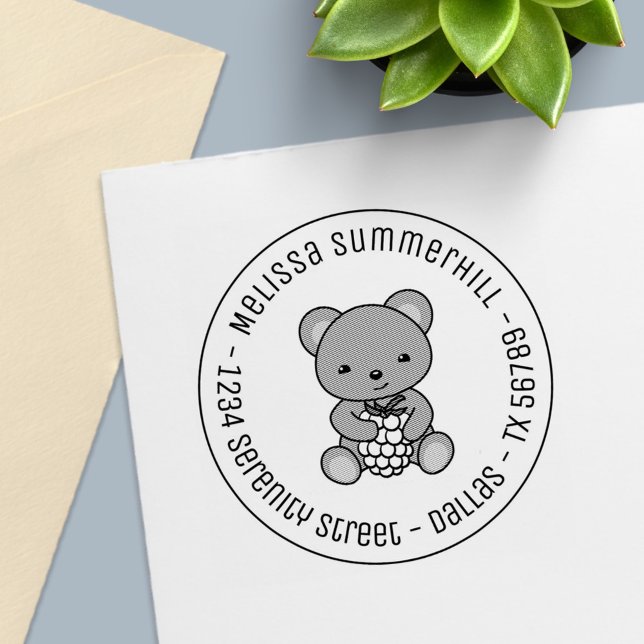 Cute Teddy Bear Holding a Berry Round Address Self-inking Stamp (Creator Uploaded)