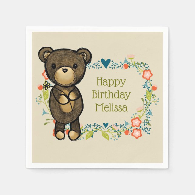 Cute Teddy Bear Holding a Flower Birthday Napkin (Front)
