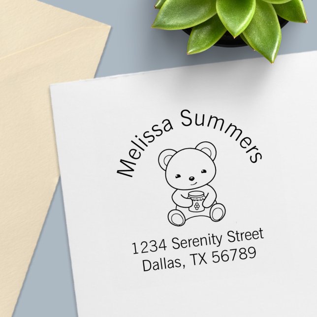 Cute Teddy Bear Holding a Honey Jar Arch Address Self-inking Stamp (Creator Uploaded)