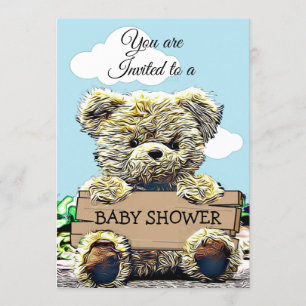 Cute Teddy Bear Holding Baby Shower Sign Invitation