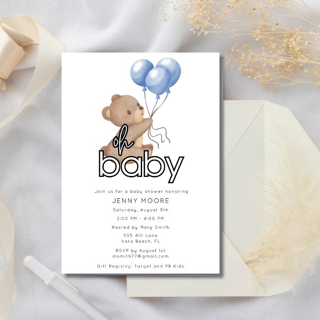 Cute Teddy Bear Holding Balloons Baby Shower Invitation (Cute Teddy Bear Holding Balloons Baby Shower Invitation)