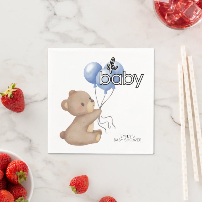 Cute Teddy Bear Holding Balloons Baby Shower  Napkin (Insitu)