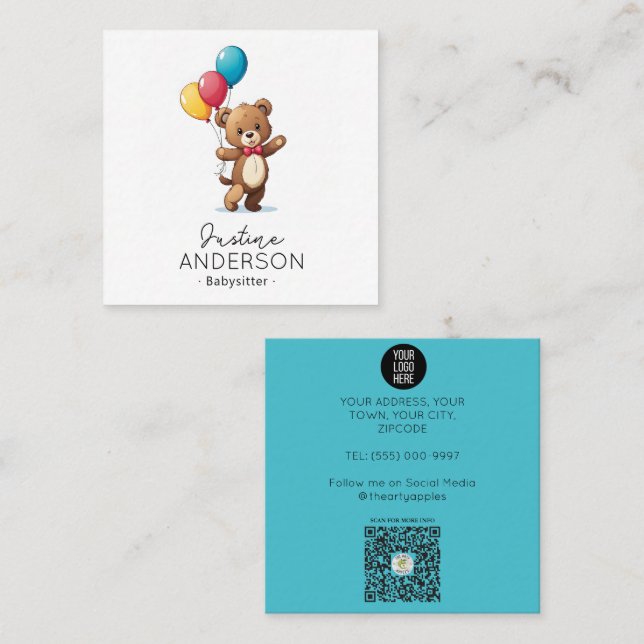 Cute Teddy bear holding balloons babysitter  Square Business Card (Front/Back)