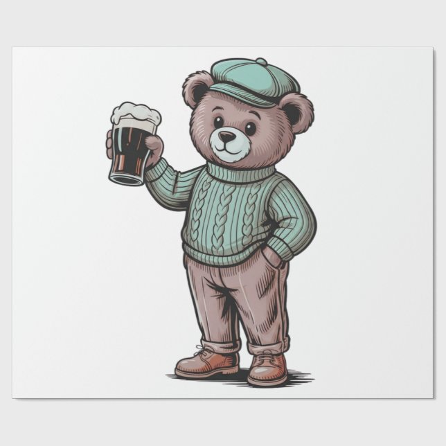 Cute Teddy Bear Holding Beer Wrapping Paper (Flat)