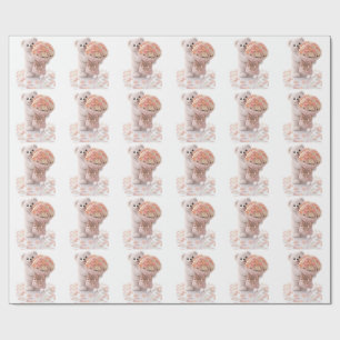 Cute Teddy Bear Holding Blush Peach Rose Bouquet  Wrapping Paper