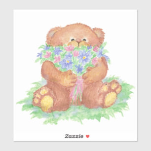 Cute Teddy Bear Holding Flowers Bouquet