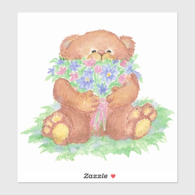 Cute Teddy Bear Holding Flowers Bouquet (Sheet)
