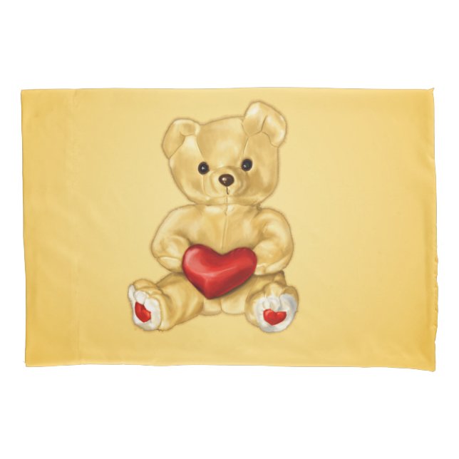 Cute Teddy Bear Holding Heart – Adorable Plush Toy Pillowcase (Front)