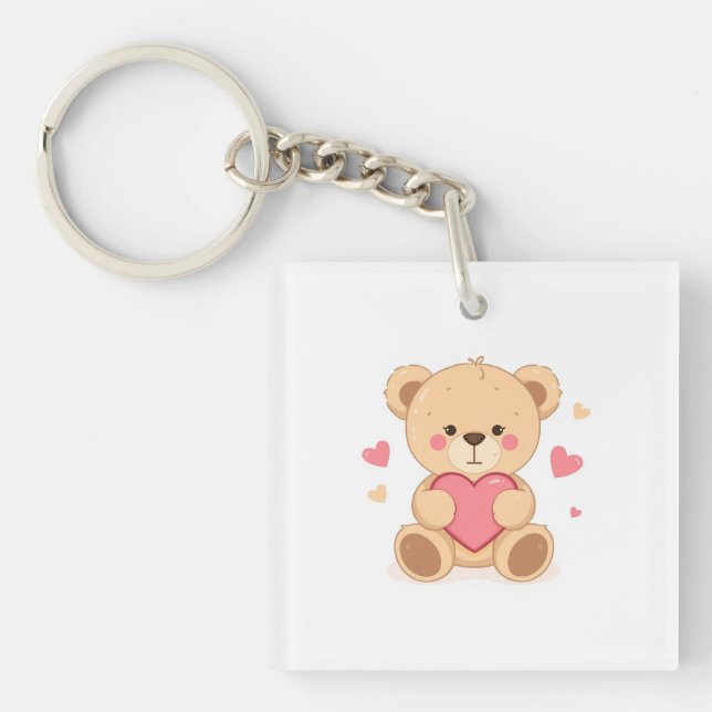 Cute Teddy Bear Holding Heart – Valentine Love Ill Key Ring (Front)