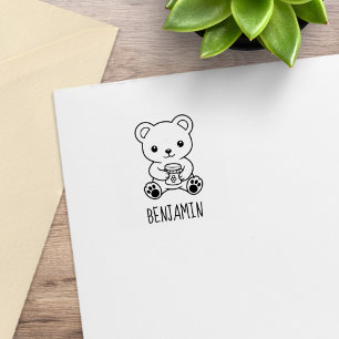 Cute Teddy Bear Holding Honey Jar Custom Name 1x1 Rubber Stamp