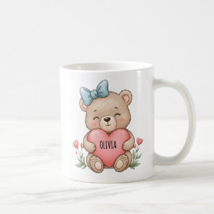 Cute Teddy Bear Holding Pink Heart Coffee Mug