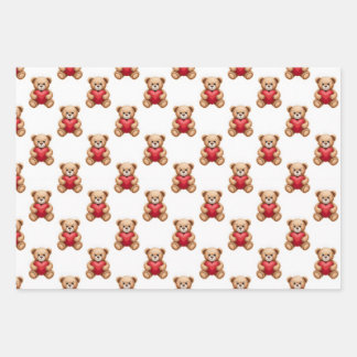 Cute teddy bear holding red hearts valentine wrapping paper sheet