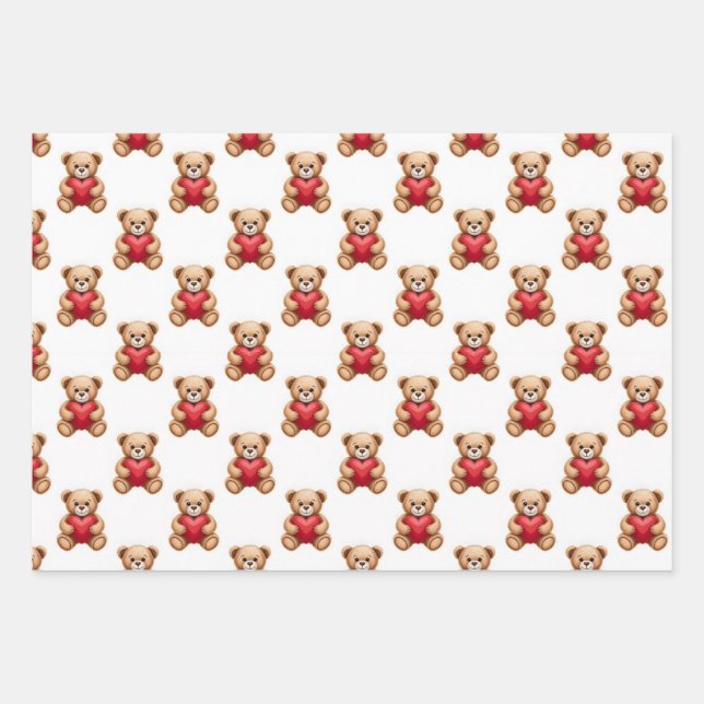 Cute teddy bear holding red hearts valentine wrapping paper sheet (Front)