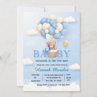 Cute Teddy Bear Hot Air Balloon Baby Shower Invita Invitation