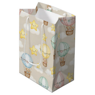 Cute Teddy Bear Hot Air Balloon Neutral Pattern 1 Medium Gift Bag