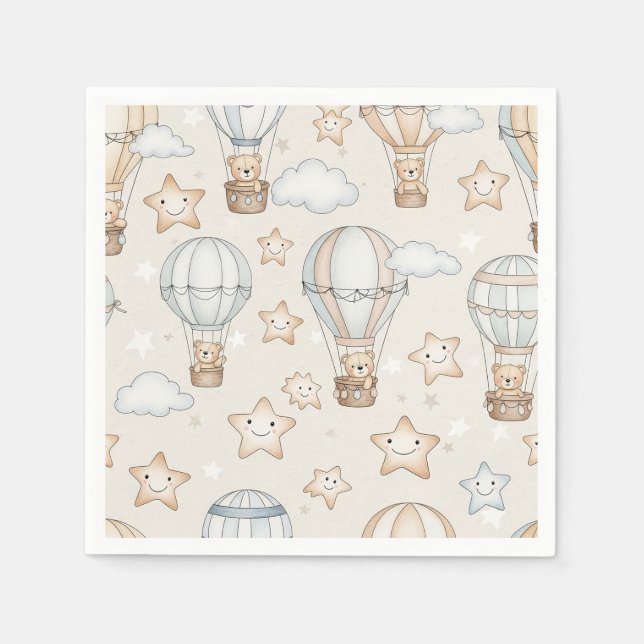 Cute Teddy Bear Hot Air Balloon Neutral Pattern 1 Napkin (Front)