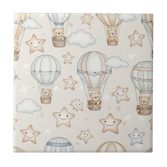 Cute Teddy Bear Hot Air Balloon Neutral Pattern 1 Tile (Front)