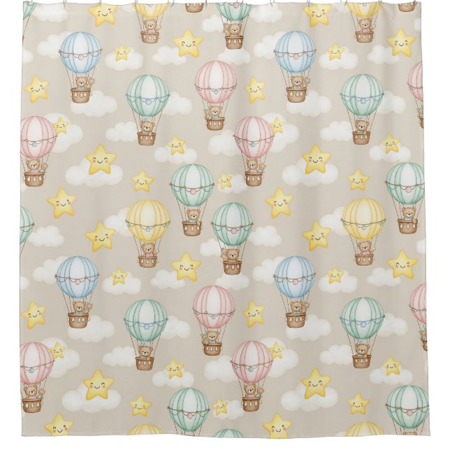 Cute Teddy Bear Hot Air Balloon Neutral Pattern 2 Shower Curtain (Front)