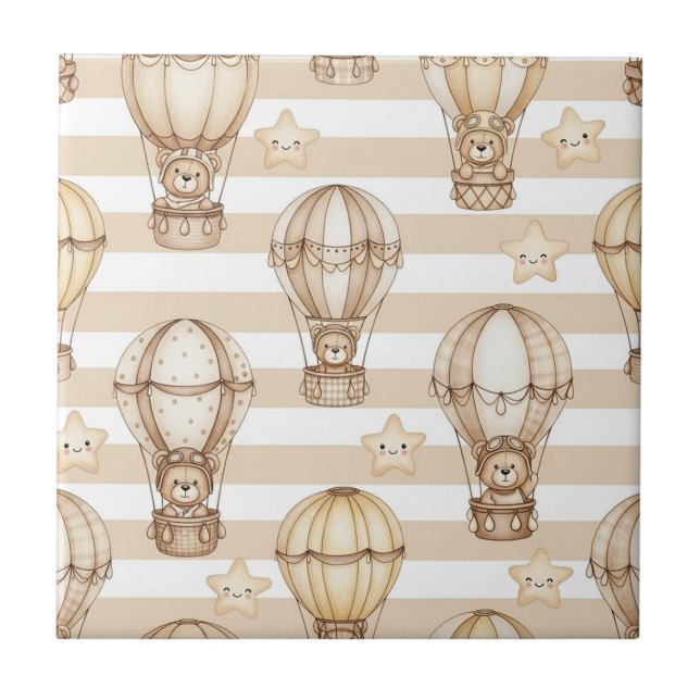 Cute Teddy Bear Hot Air Balloon Neutral Pattern 2 Tile (Front)