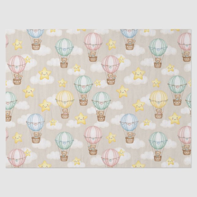 Cute Teddy Bear Hot Air Balloon Neutral Pattern 2 Tissue Paper (Front)