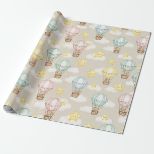 Cute Teddy Bear Hot Air Balloon Neutral Pattern 2 Wrapping Paper