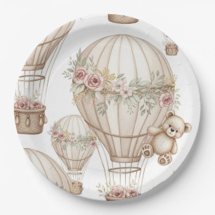 Cute Teddy Bear Hot Air Balloon Neutral Pattern 3 Paper Plate