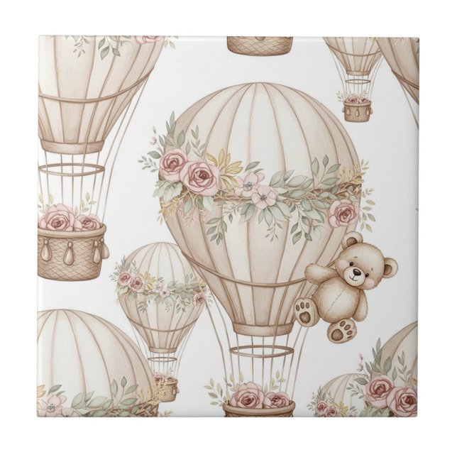 Cute Teddy Bear Hot Air Balloon Neutral Pattern 3 Tile (Front)