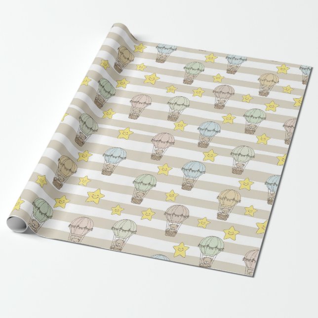 Cute Teddy Bear Hot Air Balloon Neutral Pattern 3 Wrapping Paper (Unrolled)