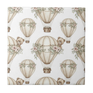 Cute Teddy Bear Hot Air Balloon Neutral Pattern 4 Tile