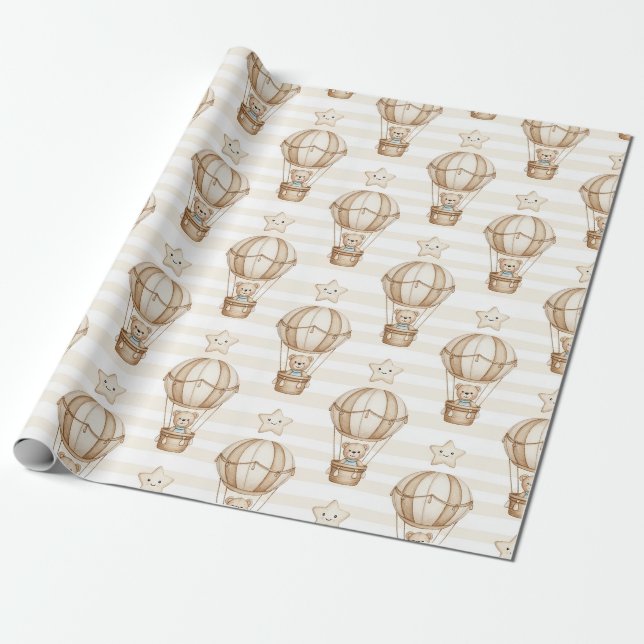Cute Teddy Bear Hot Air Balloon Neutral Pattern 4 Wrapping Paper (Unrolled)