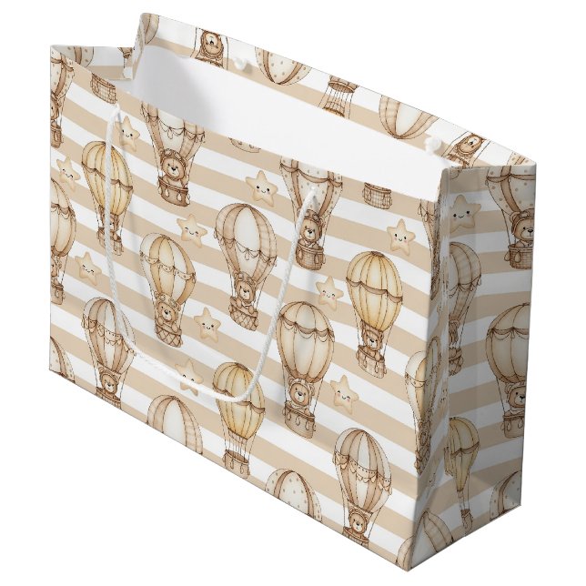 Cute Teddy Bear Hot Air Balloon Neutral Pattern 5 Large Gift Bag (Front Angled)