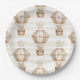 Cute Teddy Bear Hot Air Balloon Neutral Pattern 5 Paper Plate
