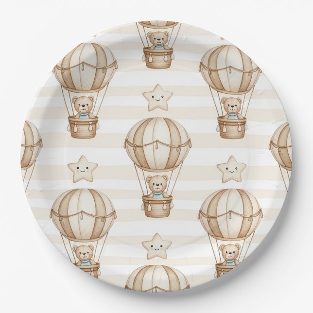 Cute Teddy Bear Hot Air Balloon Neutral Pattern 5 Paper Plate (Front)