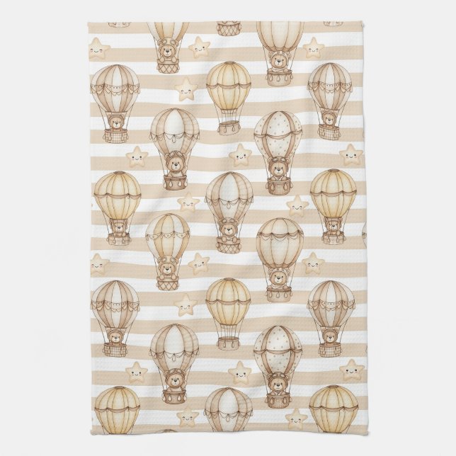 Cute Teddy Bear Hot Air Balloon Neutral Pattern 5 Tea Towel (Vertical)