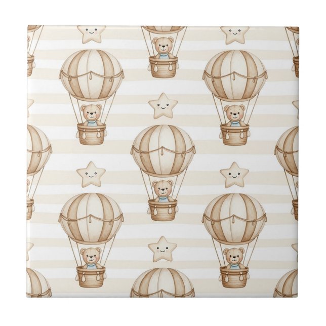 Cute Teddy Bear Hot Air Balloon Neutral Pattern 5 Tile (Front)