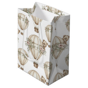 Cute Teddy Bear Hot Air Balloon Neutral Pattern 6 Medium Gift Bag