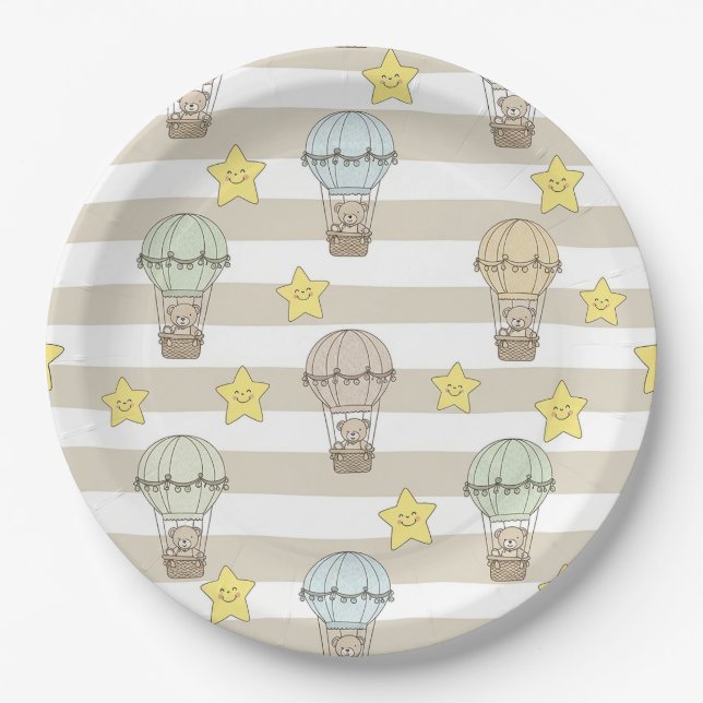 Cute Teddy Bear Hot Air Balloon Neutral Pattern 6 Paper Plate (Front)
