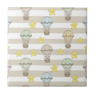 Cute Teddy Bear Hot Air Balloon Neutral Pattern 6 Tile
