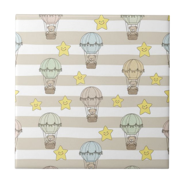 Cute Teddy Bear Hot Air Balloon Neutral Pattern 6 Tile (Front)